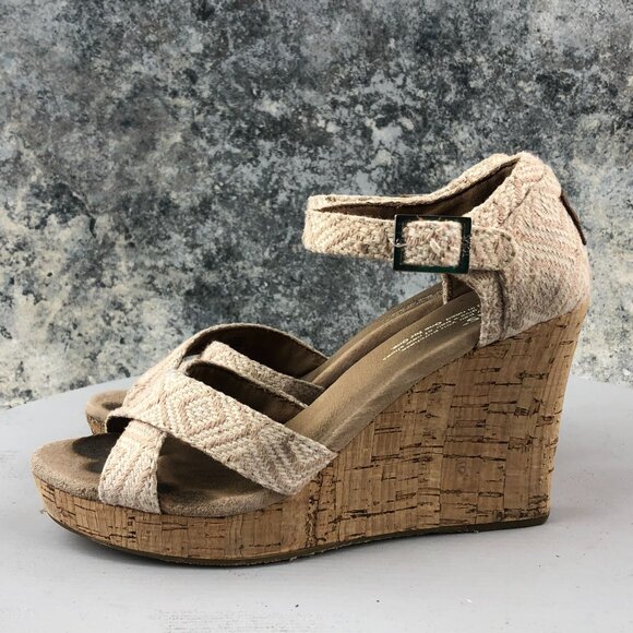 TOMS Womens 7.5 Sienna Tan Woven Diamond Pattern Cork High Heel Wedge Sandals - Picture 3 of 13
